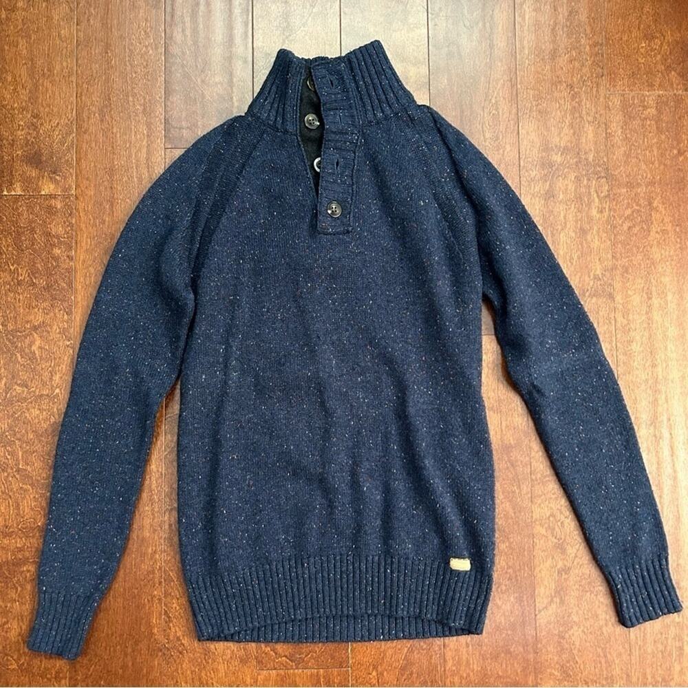 Mexx Men’s Classic Elbow Patch Wool Blend Sweater, Buttons at Neck, Size Sm